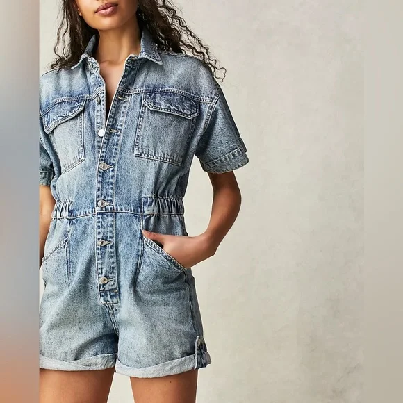 FREE PEOPLE Marci Cuffed Shortalls Coverall Romper in Marrakesh Size XL NWT - Picture 1 of 8